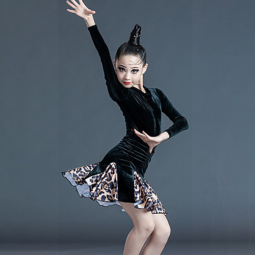 

Latin Dance Dress Pattern / Print Side Draping Ruching Girls' Training Performance Long Sleeve Velvet Polyester