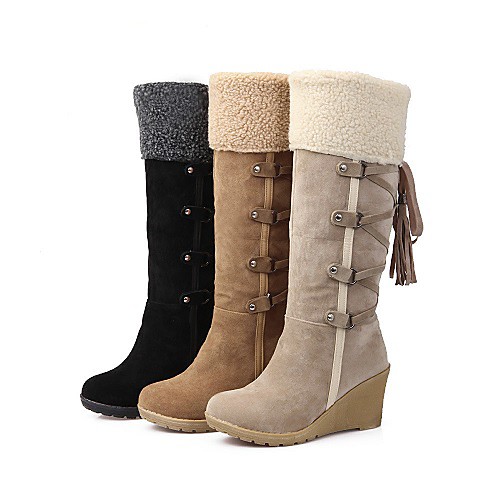 

Women's Boots Snow Boots Wedge Heel Round Toe Knee High Boots Casual Daily Suede Tassel Lace-up Solid Colored Winter Black Yellow Beige / Mid-Calf Boots