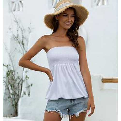 

Women's Blouse Shirt Solid Colored Pleated Strapless Tops Sexy Basic Top White Black Blue