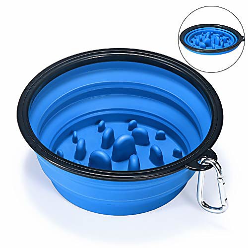 

collapsible slow feeder dog bowl silicone pet travel outdoor drinking water and food bowl to slow down eating for cat and dog,large blue