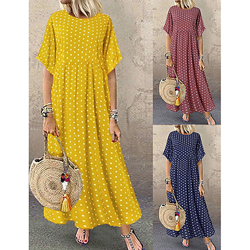 

Women's A-Line Dress Maxi long Dress - Short Sleeve Polka Dot Print Summer Plus Size Casual Holiday Vacation Loose High Waist 2020 Yellow Wine Navy Blue L XL XXL XXXL XXXXL XXXXXL