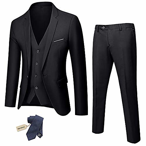 

but& #39;s slim fit 3 piece suit, one button jacket vest pants set with tie, solid party wedding dress blazer, tux waistcoat and trousers black