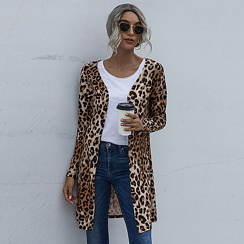 

Women's Leopard Basic Fall Coat Long Daily Long Sleeve Coat Tops Blue