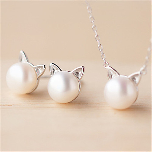 

Women's Ivory Pearl Hoop Earrings Pearl Necklace Geometrical Mini Cat Dainty Cute Earrings Jewelry Silver For Christmas Wedding Daily Work Festival 1 set