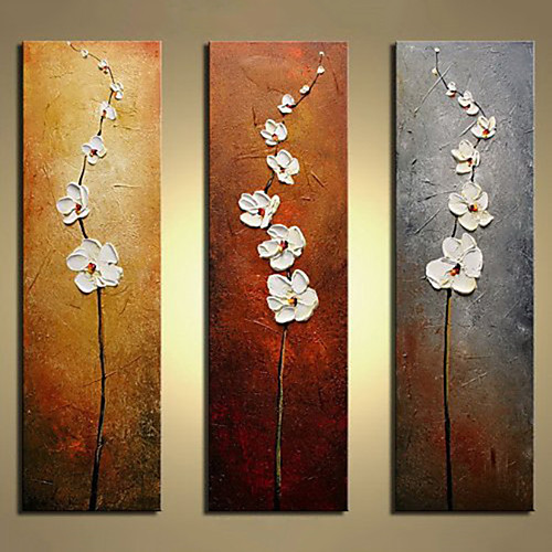 

Oil Painting Hand Painted Vertical Abstract Floral / Botanical Modern Rolled Canvas (No Frame) / Three Panels