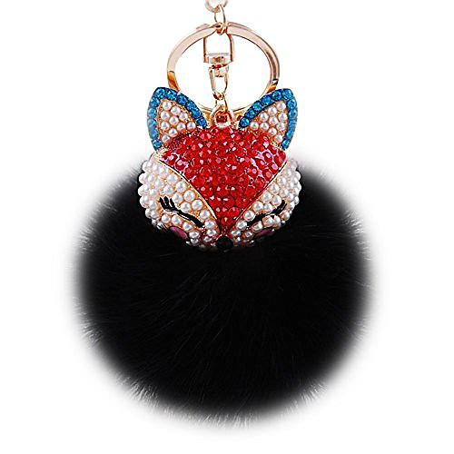 

real rabbit fur ball with artificial fox head inlay pearl rhinestone key chain for womens bag or cellphone or car pendant (white3)