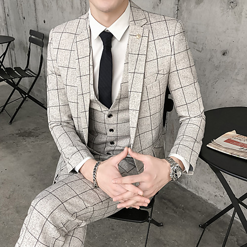 

Black / Blue / Light Grey Checkered Slim Fit Polyester Suit - Peak Single Breasted One-button / Suits
