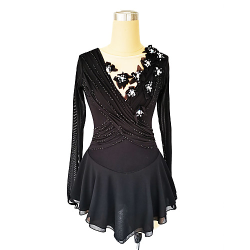 

Figure Skating Dress Women's Girls' Ice Skating Dress Black Glitter Floral Spandex High Elasticity Competition Skating Wear Handmade Crystal / Rhinestone Long Sleeve Ice Skating Figure Skating / Kids