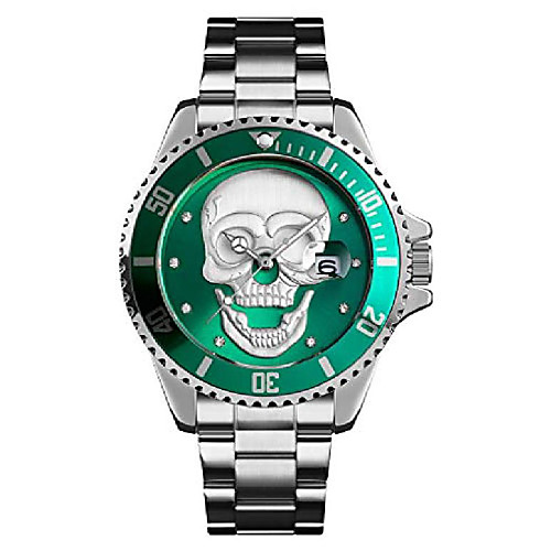 

luminous 3d skull watch 30m waterproof steel quartz wrist watch for men (green-silver)