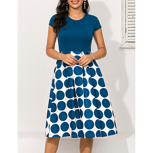 

Women's A Line Dress Knee Length Dress Blue Short Sleeve Polka Dot Print Geometric Ruched Patchwork Print Spring & Summer Round Neck 1950s Hot Elegant 2021 S M L XL XXL