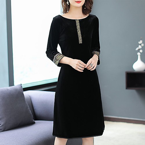 

Women's A Line Dress Knee Length Dress Black Red Long Sleeve Solid Color Zipper Patchwork Print Fall Round Neck Vintage 2021 M L XL XXL 3XL 4XL 5XL