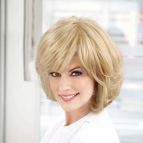 

Human Hair Blend Wig Medium Length Curly With Bangs Blonde Party Women New Arrival Capless Women's Medium Auburn / Bleach Blonde Beige Blonde / Bleached Blonde 10 inch