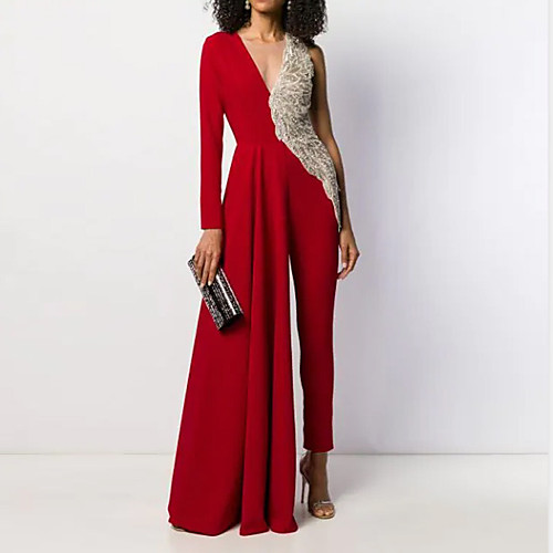 

Women's Basic White Black Red Jumpsuit Solid Colored Sequins Patchwork
