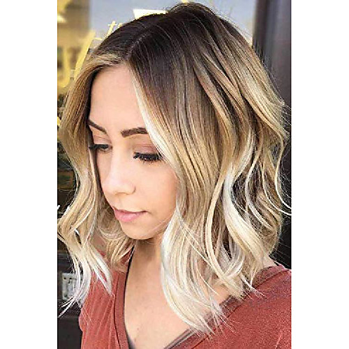 

short curly ombre blonde bob hair wigs for women synthetic middle part wig with brown roots party costume cosplay wig (ombre blonde-9143)