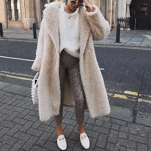 

Women's Solid Colored Patchwork Basic Fall & Winter Coat Long Daily Long Sleeve Polyster Coat Tops Beige