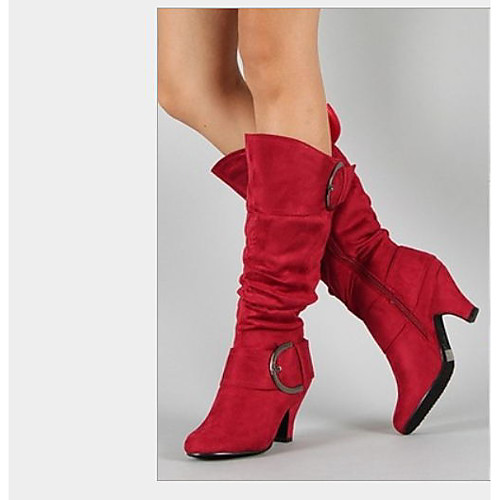 

Women's Boots Cuban Heel Round Toe Mid Calf Boots Casual Basic Daily Walking Shoes Suede Solid Colored Black / Red Black Purple / Knee High Boots
