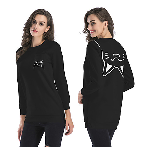 

Women's Sweatshirt Pullover Black White Cartoon Crew Neck Fleece Cat Cute Sport Athleisure Sweatshirt Top Long Sleeve Warm Soft Comfortable Everyday Use Causal Exercising General Use / Winter
