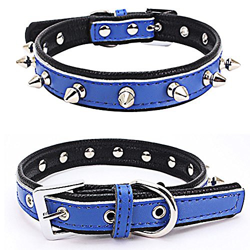 

cool genuine leather spiked studded dog pet collars for small medium dogs cats puppies,dark blue,l:(neck 14-18)