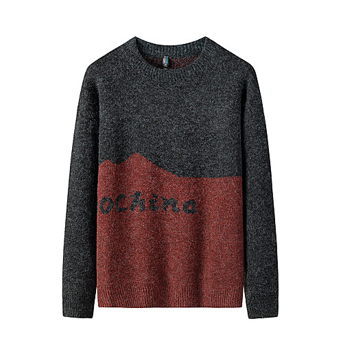 

Men's Stylish Basic Oversized Knitted Color Block Letter Pullover Acrylic Fibers Long Sleeve Sweater Cardigans Crew Neck Fall Winter Black Khaki Gray