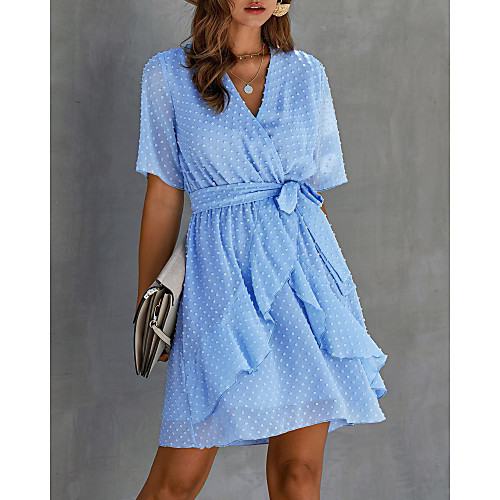 

Women's A Line Dress Short Mini Dress Black Blue Yellow Wine Army Green Light Brown Light Blue Half Sleeve Solid Color Ruffle Summer V Neck Hot Casual 2021 S M L XL XXL