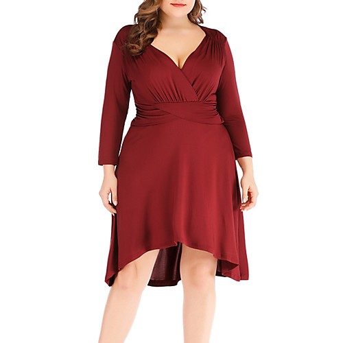 

Women's Swing Dress Knee Length Dress Black Blue Red Long Sleeve Solid Color Patchwork Fall V Neck Work 2021 XL XXL 3XL 4XL 5XL / Plus Size