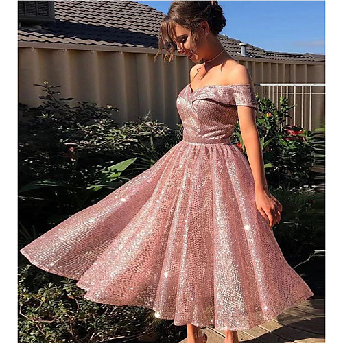 

Women's A Line Dress Knee Length Dress Blushing Pink Short Sleeve Solid Color Fall Off Shoulder Hot Elegant 2021 S M L XL