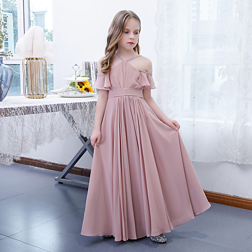 

A-Line Jewel Neck Floor Length Chiffon Junior Bridesmaid Dress with Pleats