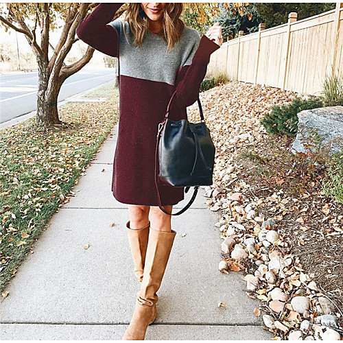 

Women's Sweater Jumper Dress Knee Length Dress Black Wine Army Green Brown Navy Blue Long Sleeve Color Block Fall Winter Round Neck Hot Casual 2021 S M L XL XXL 3XL