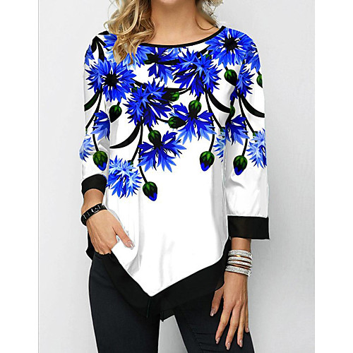 

Women's Blouse Shirt Floral Flower Print Round Neck Tops Basic Basic Top White