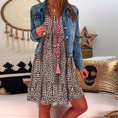 

Women's Swing Dress Short Mini Dress Black Yellow Brown Light Blue Long Sleeve Leopard Ruffle Patchwork Print Fall Spring V Neck Casual 2021 S M L XL XXL 3XL 4XL 5XL