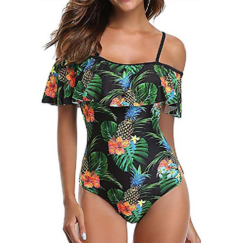 

women one piece swimsuit ruffled tummy control swimwear halter bathing suits black