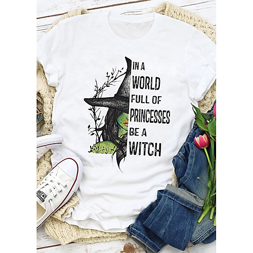 

Women's Halloween Witch T-shirt Graphic Prints Letter Print Round Neck Tops 100% Cotton Basic Halloween Basic Top White Purple Red