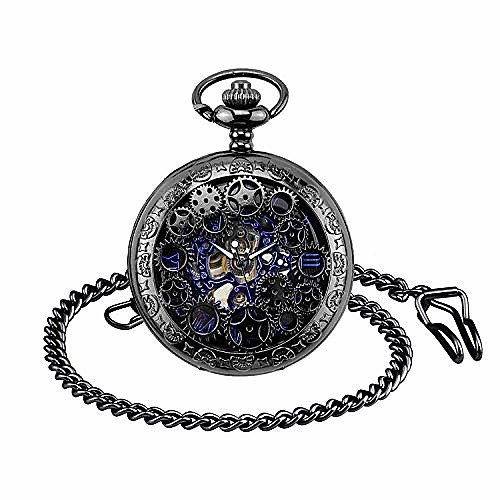 

mens pocket watch with chain, retro men analogue steampunk skeleton watches, mechanical hand wind pocket fob watch with roman numerals for men