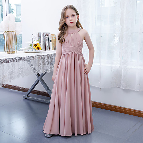 

A-Line Jewel Neck Floor Length Chiffon Junior Bridesmaid Dress with Pleats