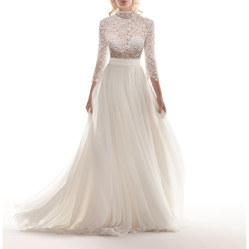 

A-Line Wedding Dresses High Neck Sweep / Brush Train Chiffon Lace 3/4 Length Sleeve Romantic See-Through Illusion Sleeve with Appliques 2021