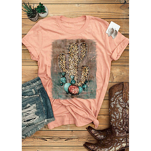 

Women's T-shirt Leopard Graphic Prints Cheetah Print Print Round Neck Tops 100% Cotton Basic Basic Top Fuchsia