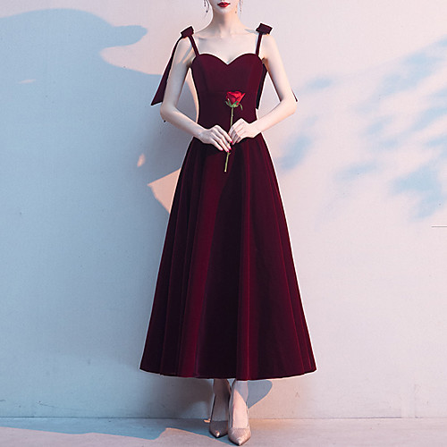 

A-Line Minimalist Vintage Wedding Guest Prom Dress Sweetheart Neckline Sleeveless Ankle Length Velvet with Bow(s) 2021