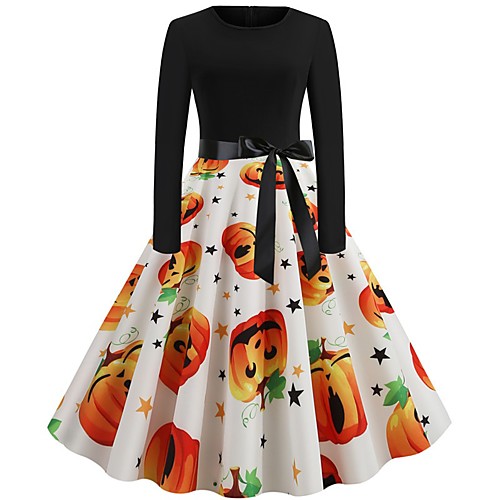 

Women's Halloween A Line Dress Knee Length Dress White Blue Purple Orange Long Sleeve Pumpkin Print Patchwork Bow Print Summer Round Neck Hot Elegant Vintage 2021 S M L XL XXL