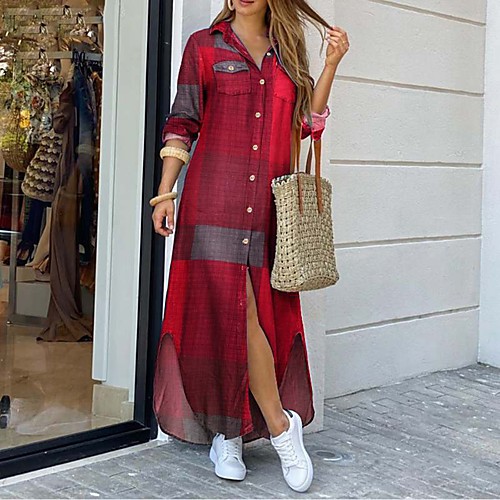 

Women's Shirt Dress Maxi long Dress - Long Sleeve Print Patchwork Spring Fall Shirt Collar Hot Sexy Going out Cotton Loose 2020 Blue Red Yellow Fuchsia S M L XL XXL 3XL