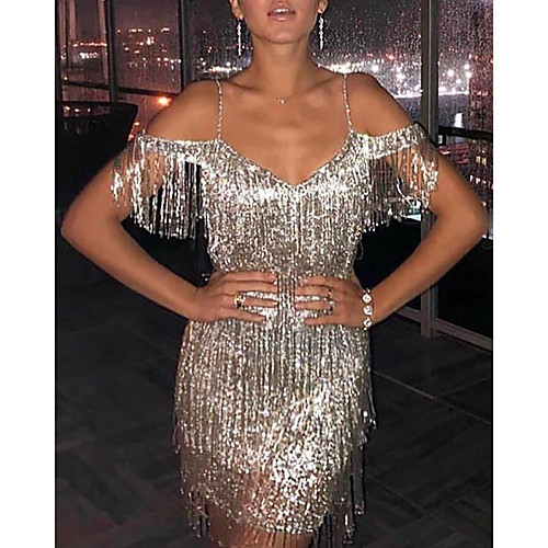 

Women's Sheath Dress Short Mini Dress Silver Long Sleeve Solid Color Sequins Tassel Fringe Summer V Neck Hot Sexy 2021 S M L XL