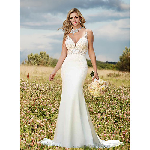 

Mermaid / Trumpet Wedding Dresses V Neck Sweep / Brush Train Lace Charmeuse Regular Straps Sexy Backless with Draping Appliques 2021