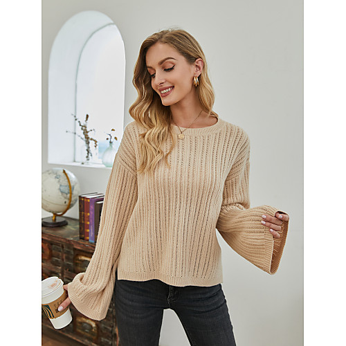 

Women's Basic Solid Color Pullover Acrylic Fibers Long Sleeve Sweater Cardigans Crew Neck Fall Winter Beige