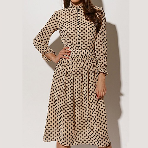 

Women's A Line Dress Midi Dress Beige Long Sleeve Polka Dot Ruched Patchwork Print Fall Round Neck Hot Vintage 2021 S M L XL XXL