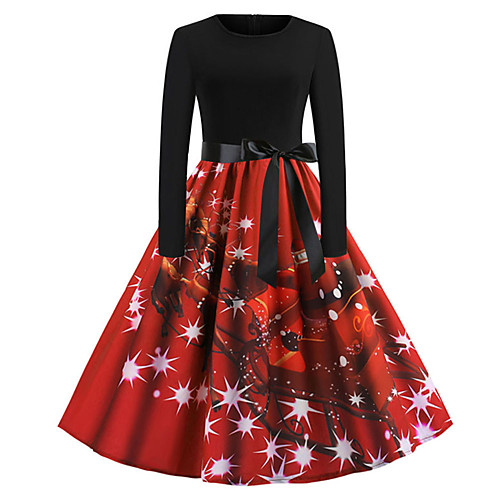 

Women's A Line Dress Knee Length Dress Blue Purple Red Green Long Sleeve Print Bow Print Fall Round Neck Vintage Christmas 2021 S M L XL XXL