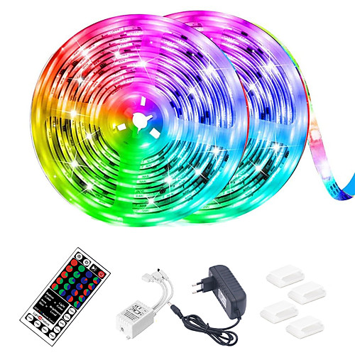 

LED Strip Light (2x5M)10M 32.8ft 2835 RGB 600leds 8mm Strips Lighting Flexible Color Changing with 44 Key IR Remote Ideal for Home Kitchen Christmas TV Back Lights DC 12V and 12V 3A Power Supply