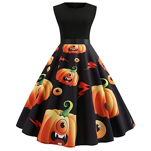 

Women's Halloween A Line Dress Knee Length Dress Black Sleeveless Pumpkin Print Patchwork Bow Print Summer Round Neck Hot Vintage 2021 S M L XL XXL