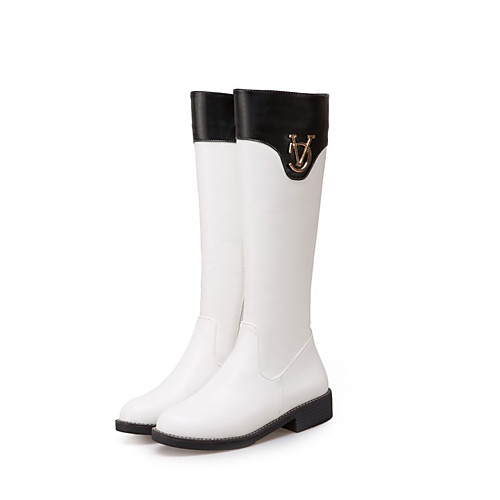

Women's Boots Block Heel Boots Riding Boots Block Heel Round Toe Knee High Boots Casual Basic Daily Walking Shoes PU Color Block White Black Brown