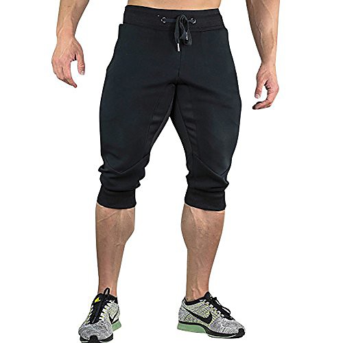 

men's cotton casual shorts 3/4 jogger capri pants breathable gym running pants with zipper pockets(gray l/tag 2xl)