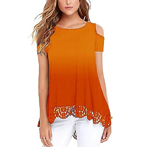 

women& #39;s tops short sleeve lace trim o-neck a-line tunic blouse yellow s