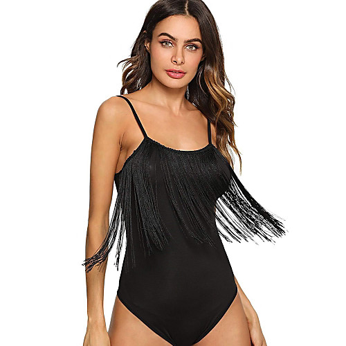 

Women's Tassel Fringe Bodysuits Nightwear Solid Colored Black One-Size / Strap